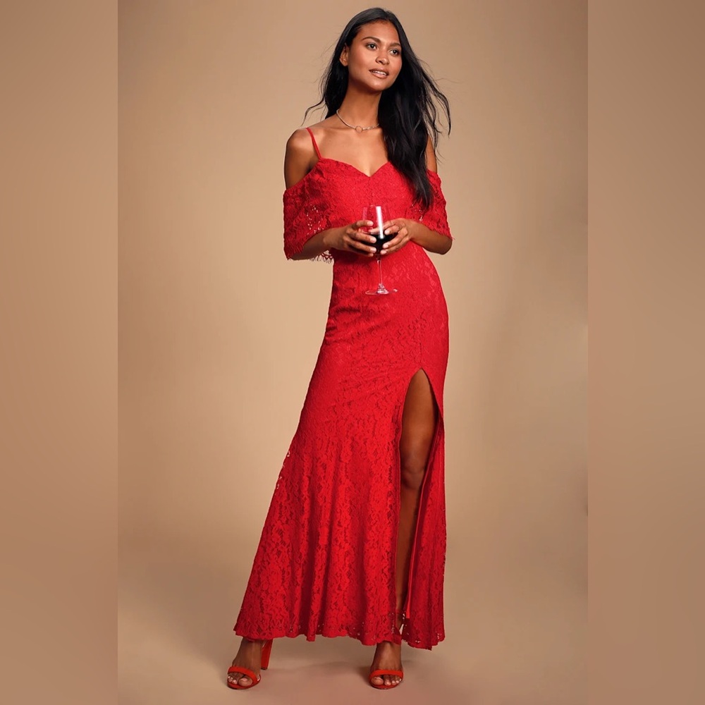 Lulu's Red Lace Off-Shoulder, Long Dress with leg slit.